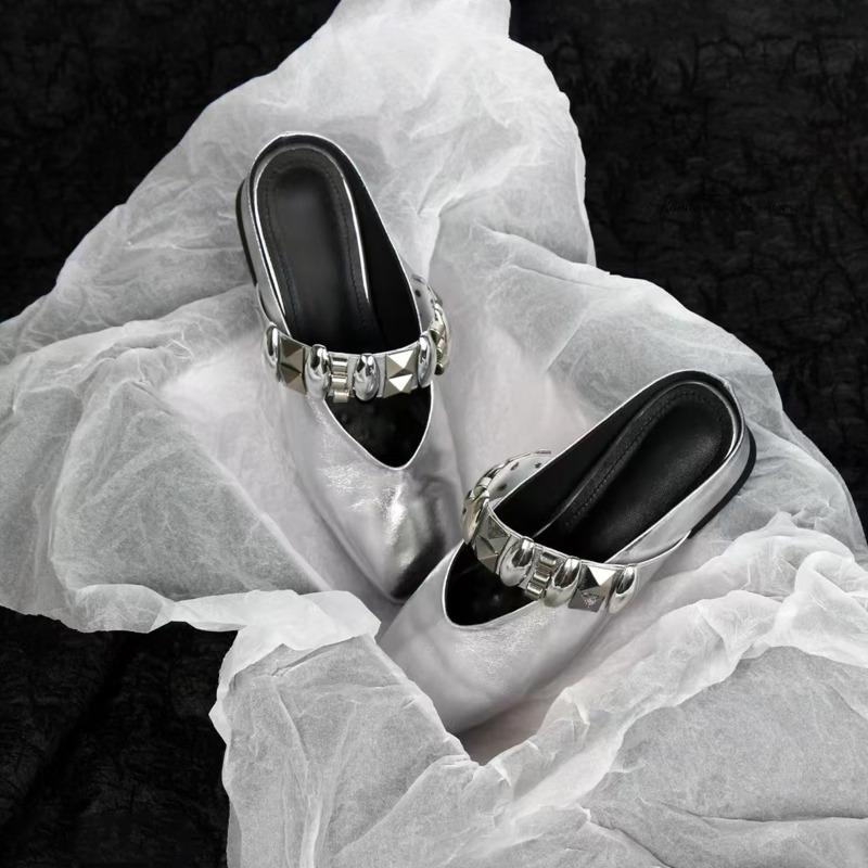 

Elegant Shoes Closed-toe Shoes Women s One-foot Square-toed Half-slipper Insole Height-increasing Cool Slippers 34 срібний
