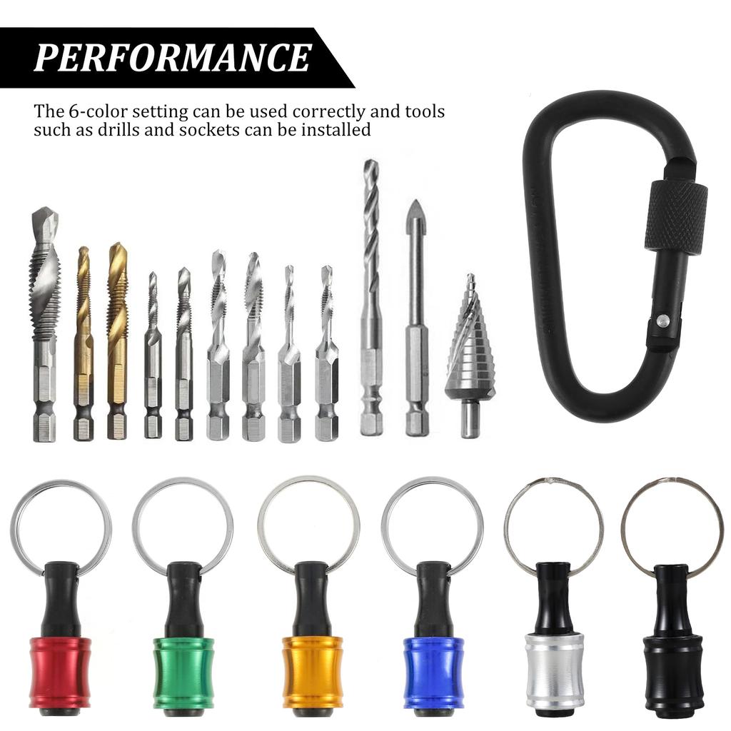 15Pcs 1/4in Hex Shank Bit Holder Kit with 105° Right Angle Drill Attachment Aluminum Alloy Screwdriver Drill Bit Holder Keychain