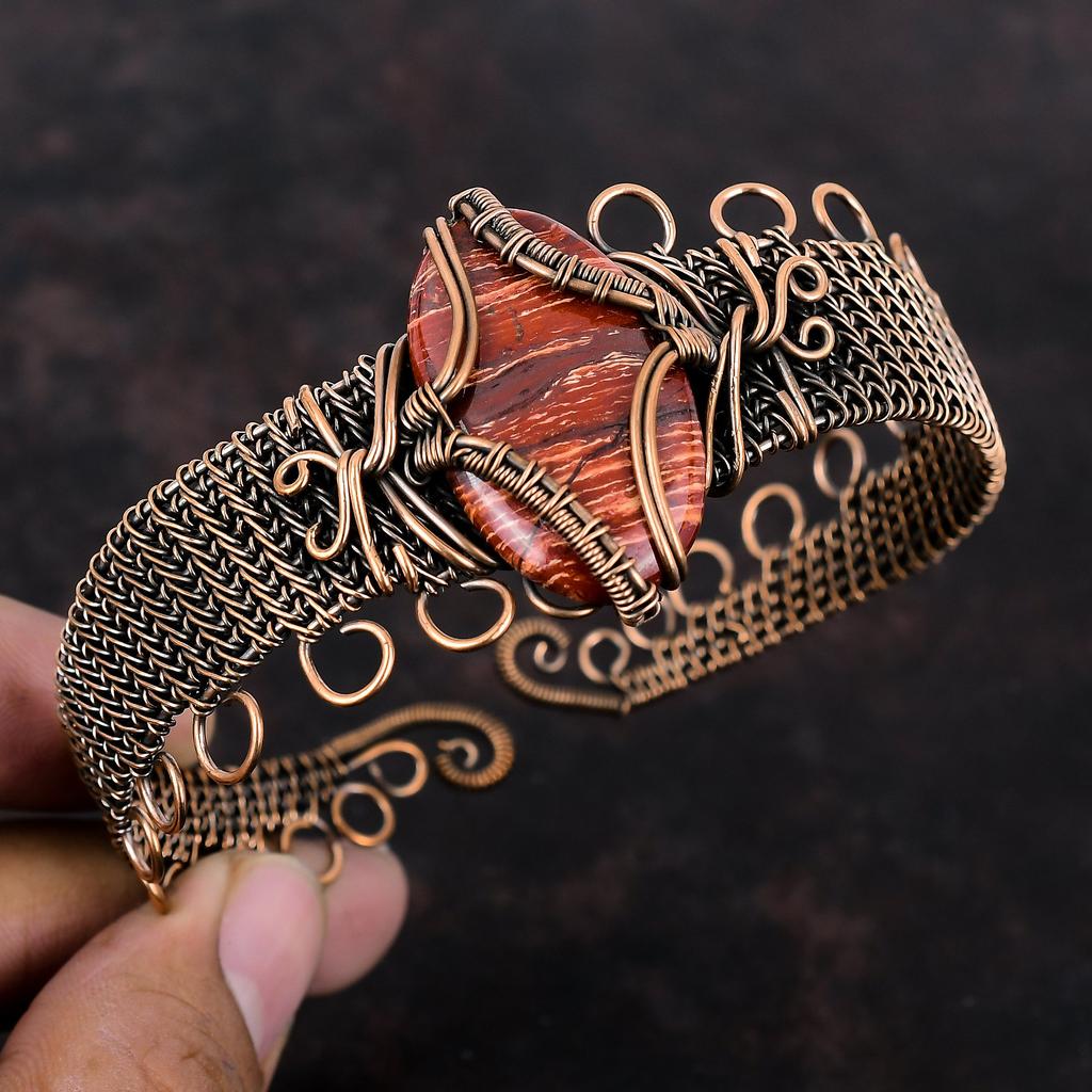 Red Snakeskin Jasper Cuff Bracelet Copper Wire Wrapped Adjustable Bangle Handmade Gemstone Bangle Copper Jewelry Flower Bangle Gift For Him