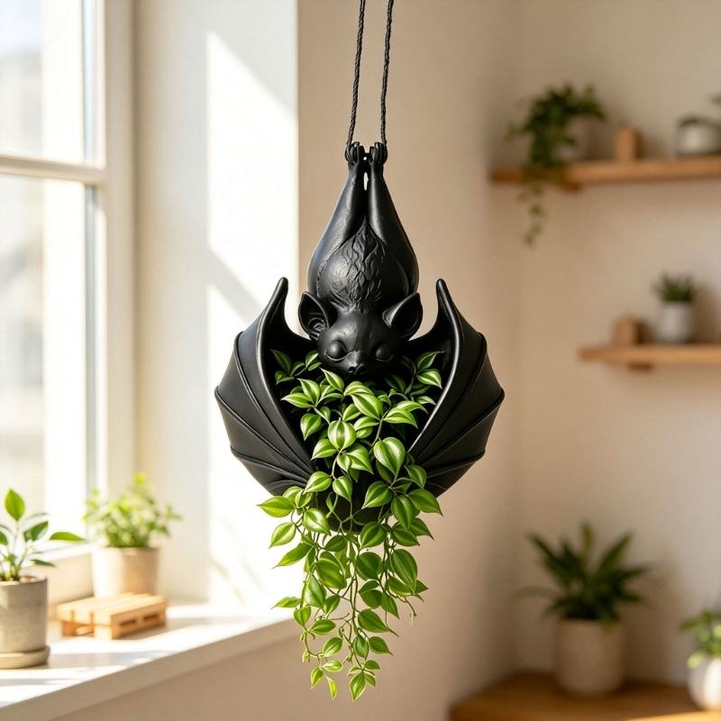 Bat Flower Pot With Hanging Cord, Bat Shape Plant Holder for Small Foliage and Trailing Foliage, Indoor Porch or Balcony Home Accent for Room Use