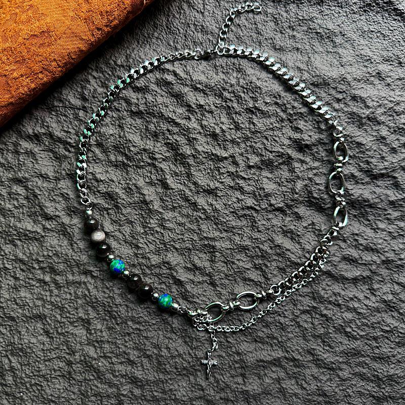 JiaGe Retro Unisex Titanium Steel Cross Necklace with Blue Turquoise Clavicle Chain