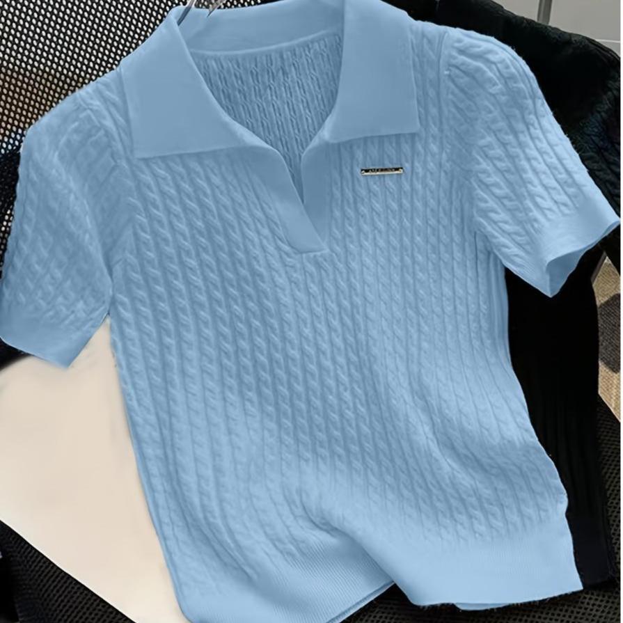 

Temperament Lapel Ice Silk Knit Top Летняя свободная тонкая футболка с короткими рукавами one size небесно-голубой