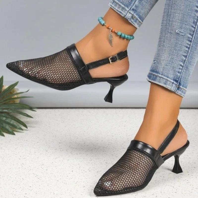 Shoes for Women 2024 Mesh Slip-on Women's High Heels Summer High Heel Pump Women Pointed Toe Slingbacks Heeled Sandals