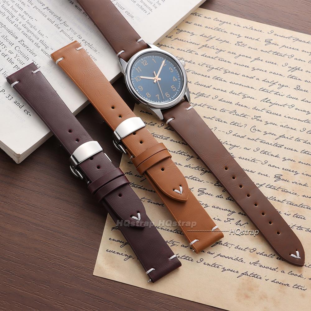 Quick Release Stitching Cowhide Strap for Omega 18 20 22mm Wrist Bracelet for Seiko Vintage Leather Watch Band Butterfly Buckle