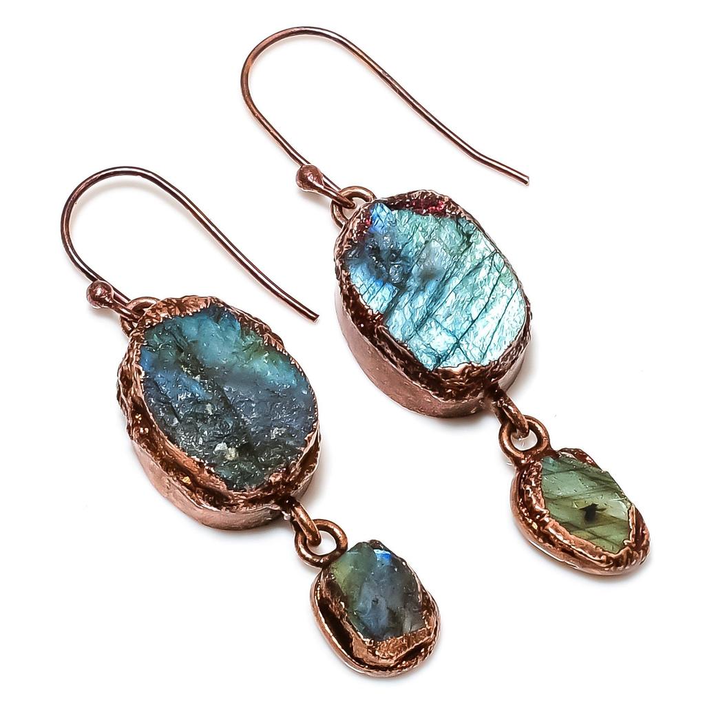 Labradorite Copper Electroformed Earrings, Handmade Gemstone Earrings Jewelry, Gifts For Wife Brand New Earrings