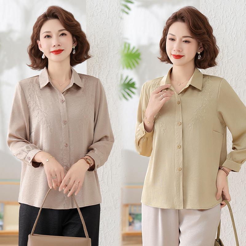 Spring & Summer Stylish Lapel Long Sleeve Shirt for Middle-Aged & Elderly Women - Age-Reducing Solid Color Loose Top
