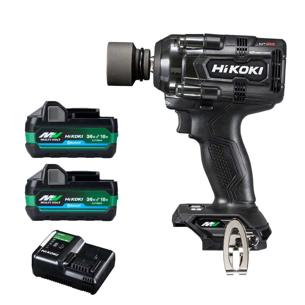 HiKOKI 36V Rechargeable Impact Wrench WR36DH with a Maximum Tightening Torque of 350 Two Rechargeable Batteries and Charger (Black) Nm, (WR36DH