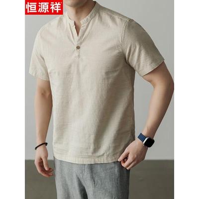 Hengyuanxiang Herren V-Ausschnitt Leinenmischung T-Shirt