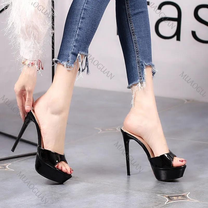 Fashion Women 12CM High Heels Outdoor Shallow Mouth Sandals 2025 New Summer Thick Platform Slippers Simple Style Slide Shoes For Woman