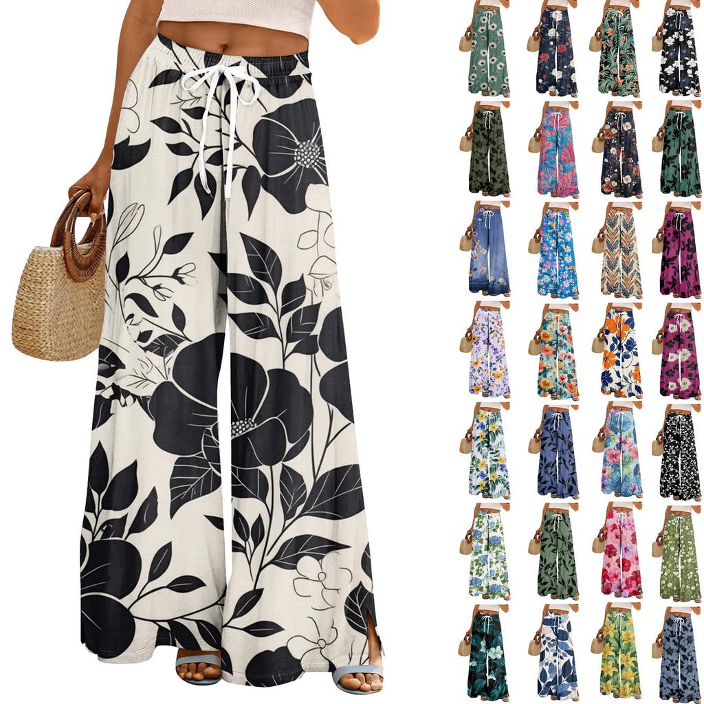 Women's Loose Casual Floral Print Wide Leg Pants With Elastic Waist Drawstring And Pocket Pants