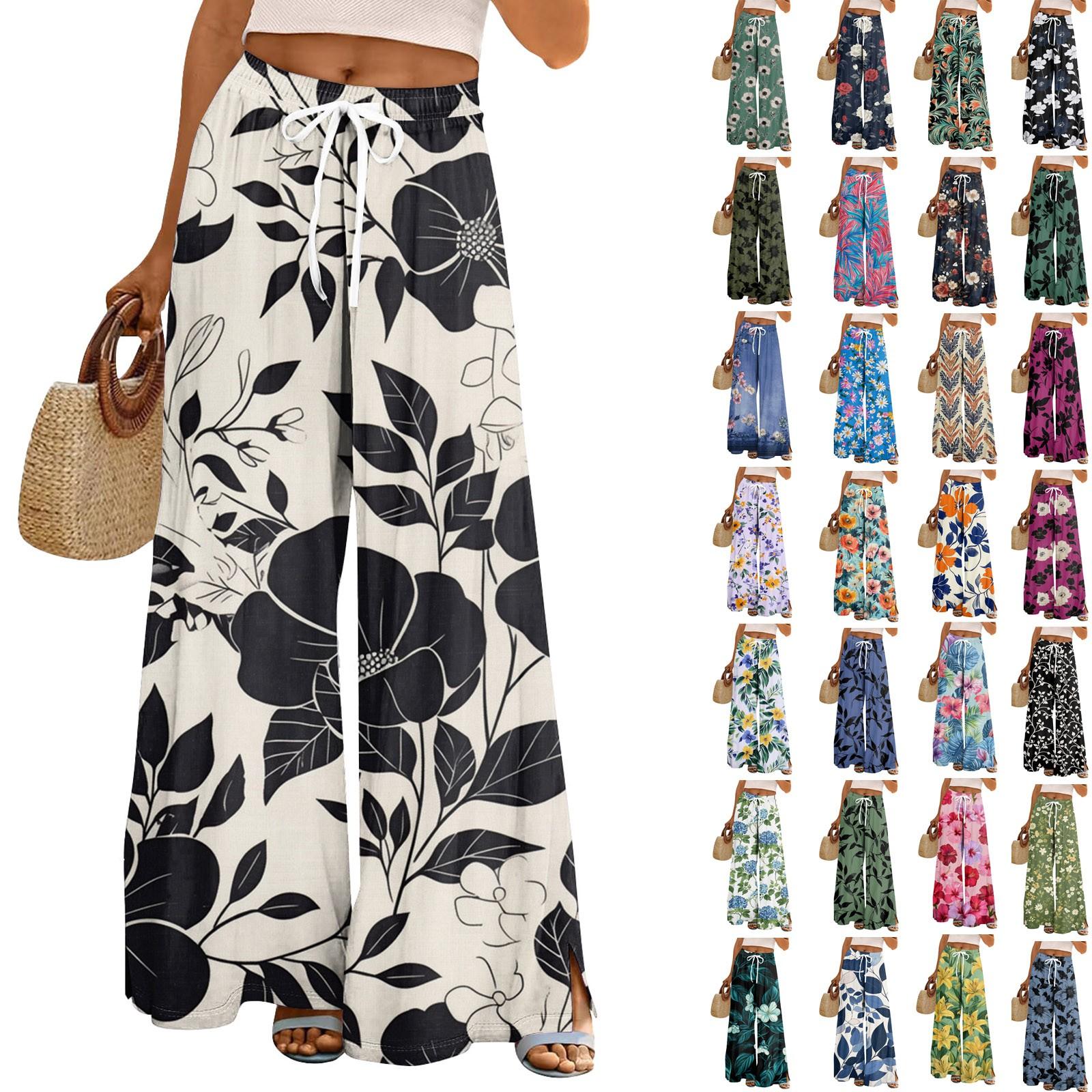 

Женские свободные повседневные брюки с цветочным принтом и широкими штанинами, с эластичной талией на кулиске и карманами L