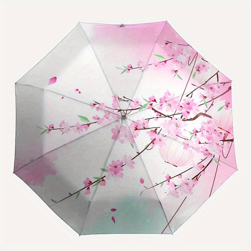 Cherry Blossom Lanterns Automatic Folding Umbrella  8 Ribs, Durable Iron Frame, Bright Color Pattern Compact Travel Umbrella, Suitable for O