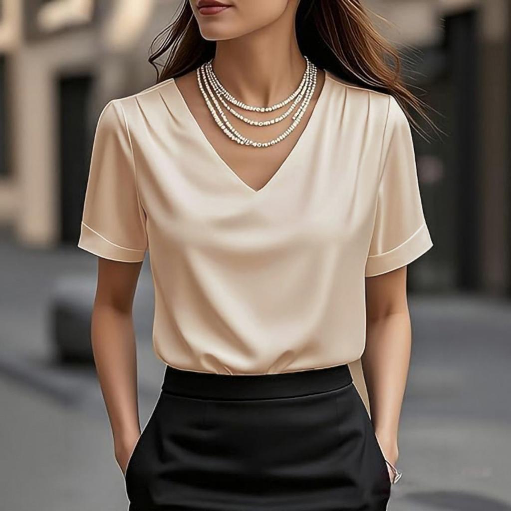 2026 New Women's V-neck Ruched Short Sleeve Elegant Fashion T-shirt Blouse, Casual Daily Top for Women European American Style