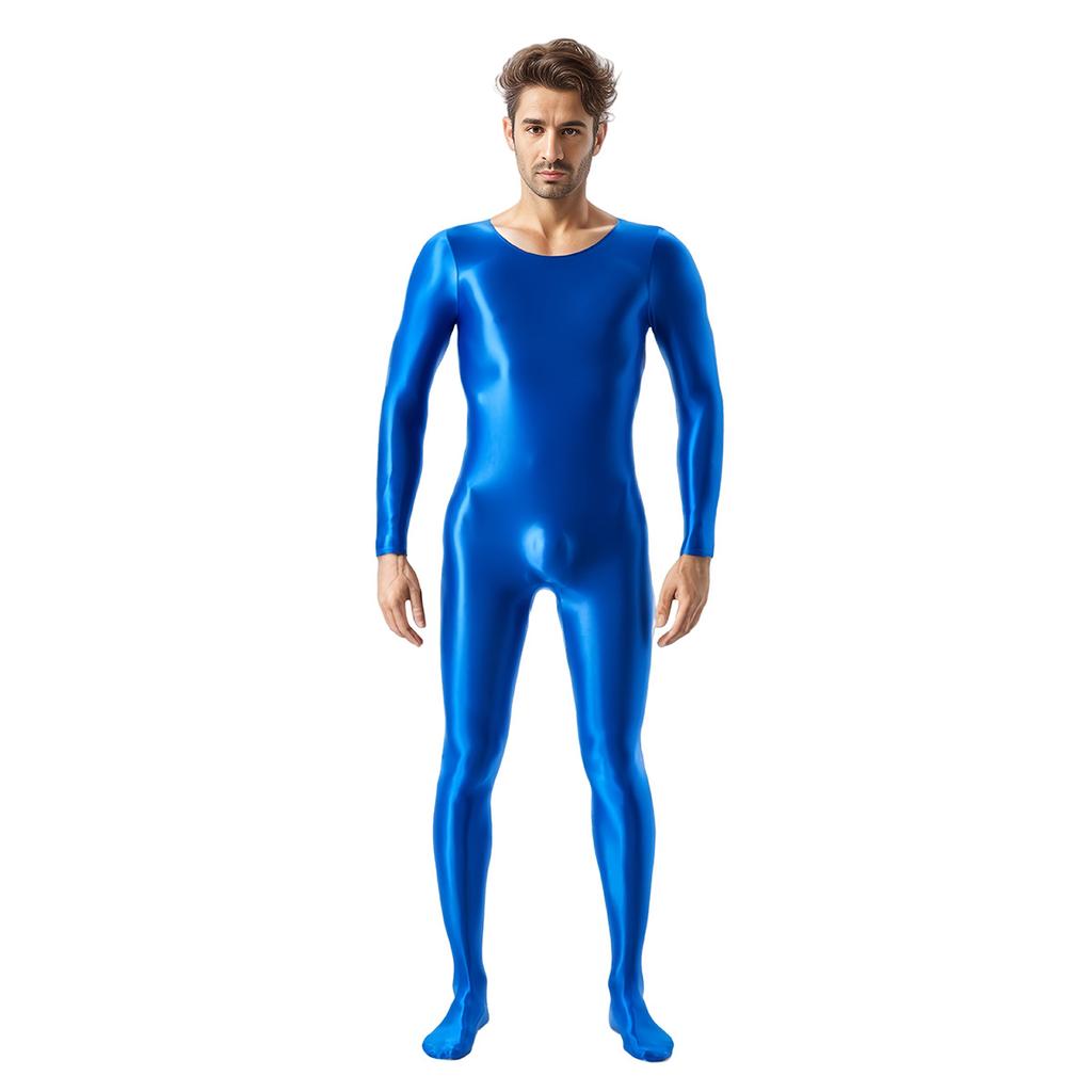 Mens Oil Glossy Bodystocking Full Bodysuit Long Sleeve Unitard Jumpsuits Stretchy Sheer Silky Romper Club Party Workout Onesie