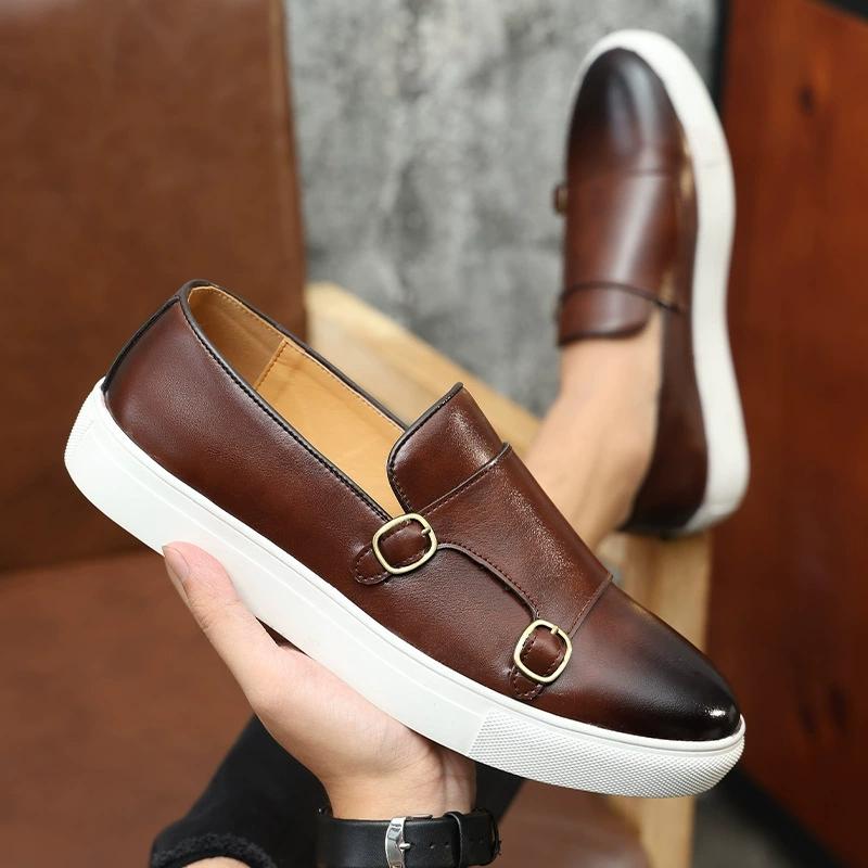 Fashion New Summer Double Buckle Men Slip-On Flat Loafers Black Brown Large Size Casual Leather Shoes Men's Lazy Shoes