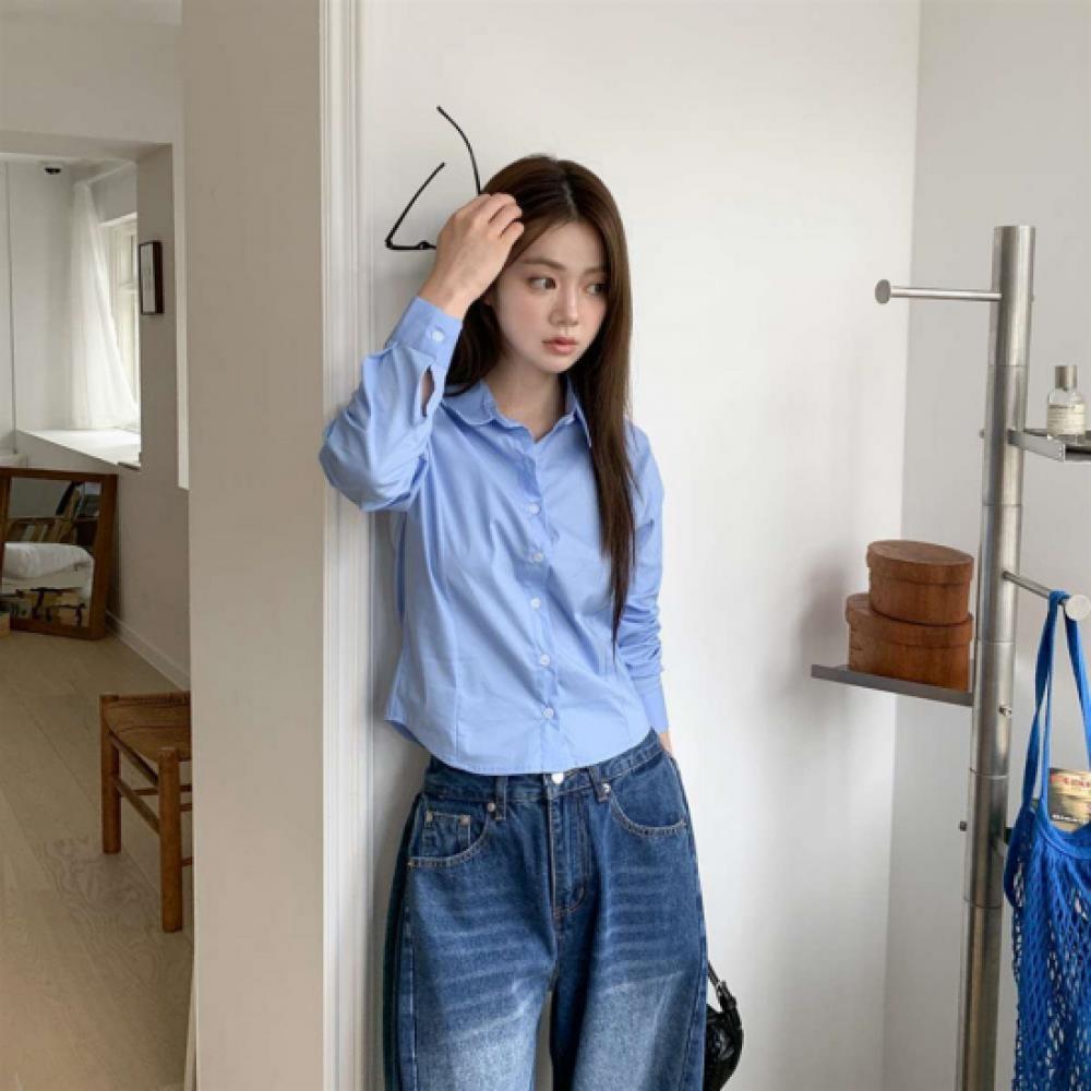 New Arrivals Open Run Women Cotton Blend Stretch Slim Fit Semi Crop Collar Shirt