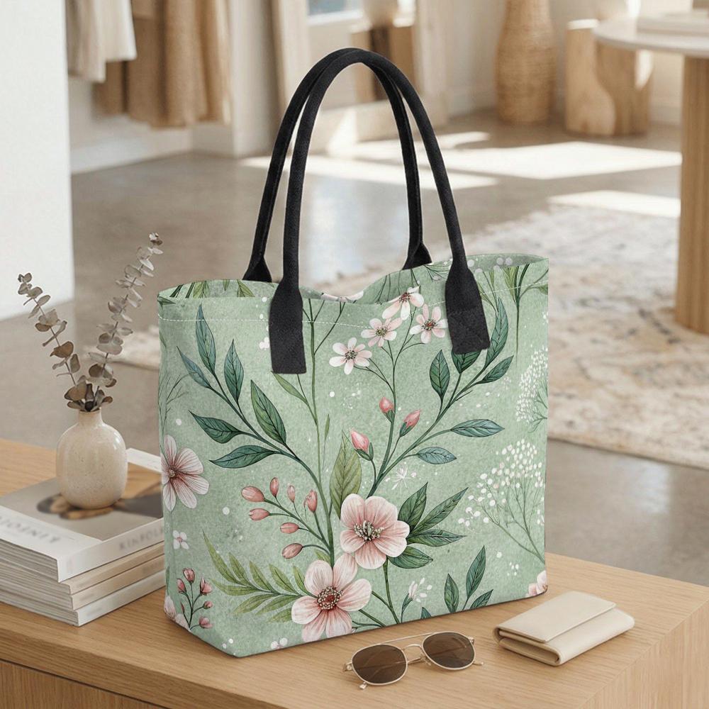 Floral Canvas Tote Bag Casual Large Capacity Shoulder Handbag for Daily Shopping Travel