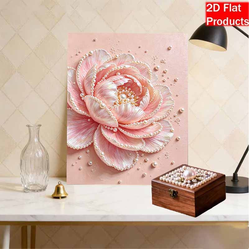 Handmade Framed Pearl Bead Painting Kit Elegant Pink Peony Flower 3D Shiny Canvas Art Ready to Display Home Decor Gift Idea for Living Room