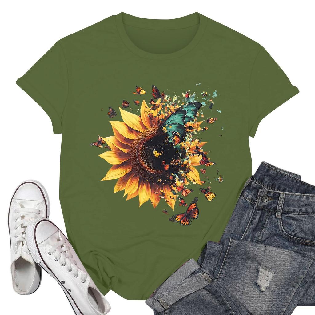 Women's Fashion Casual Printed Short Sleeve Round Neck Pullover Tops