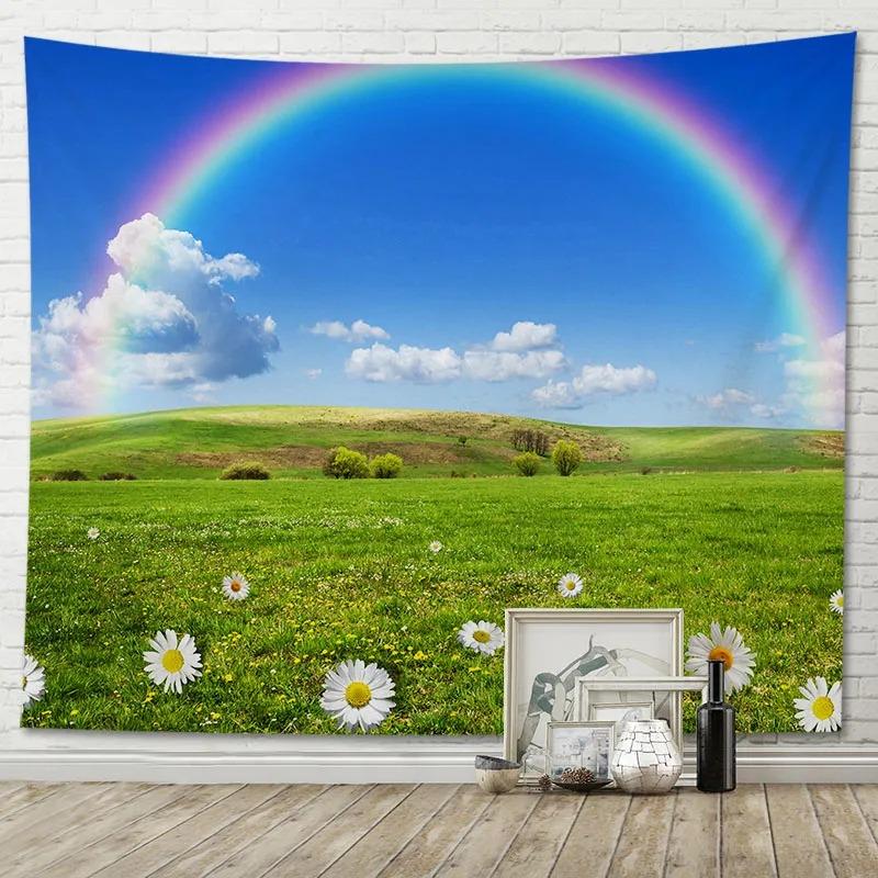 Dekorativer Wandteppich mit blauem Himmel und Grasland, für Büro, Wohnzimmer, Dekoration, Zuhause, Wandteppich