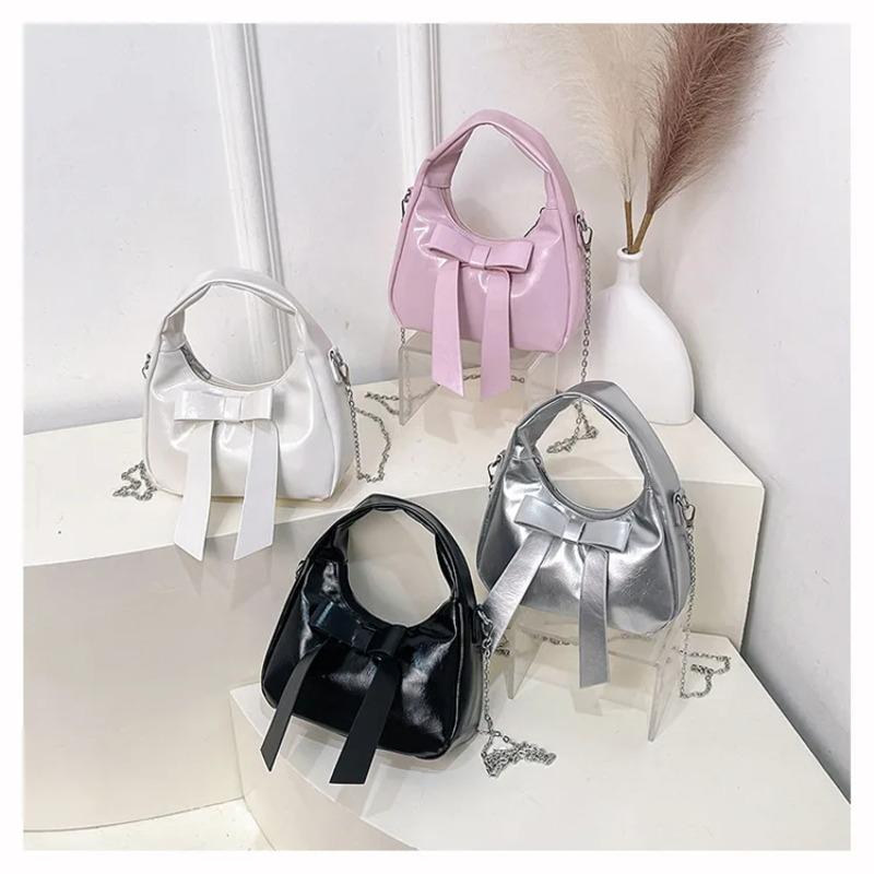 Sweet Bow Pu Shoulder Bags for Women Simple Solid Color Ladies Chain Crossbody Bag Versatile Portable Girls Handbags Clutch