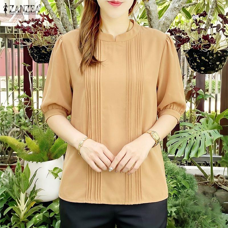 ZANZEA Lässige Bluse mit Rundhalsausschnitt, einfarbig, locker und kurzärmelig für Damen