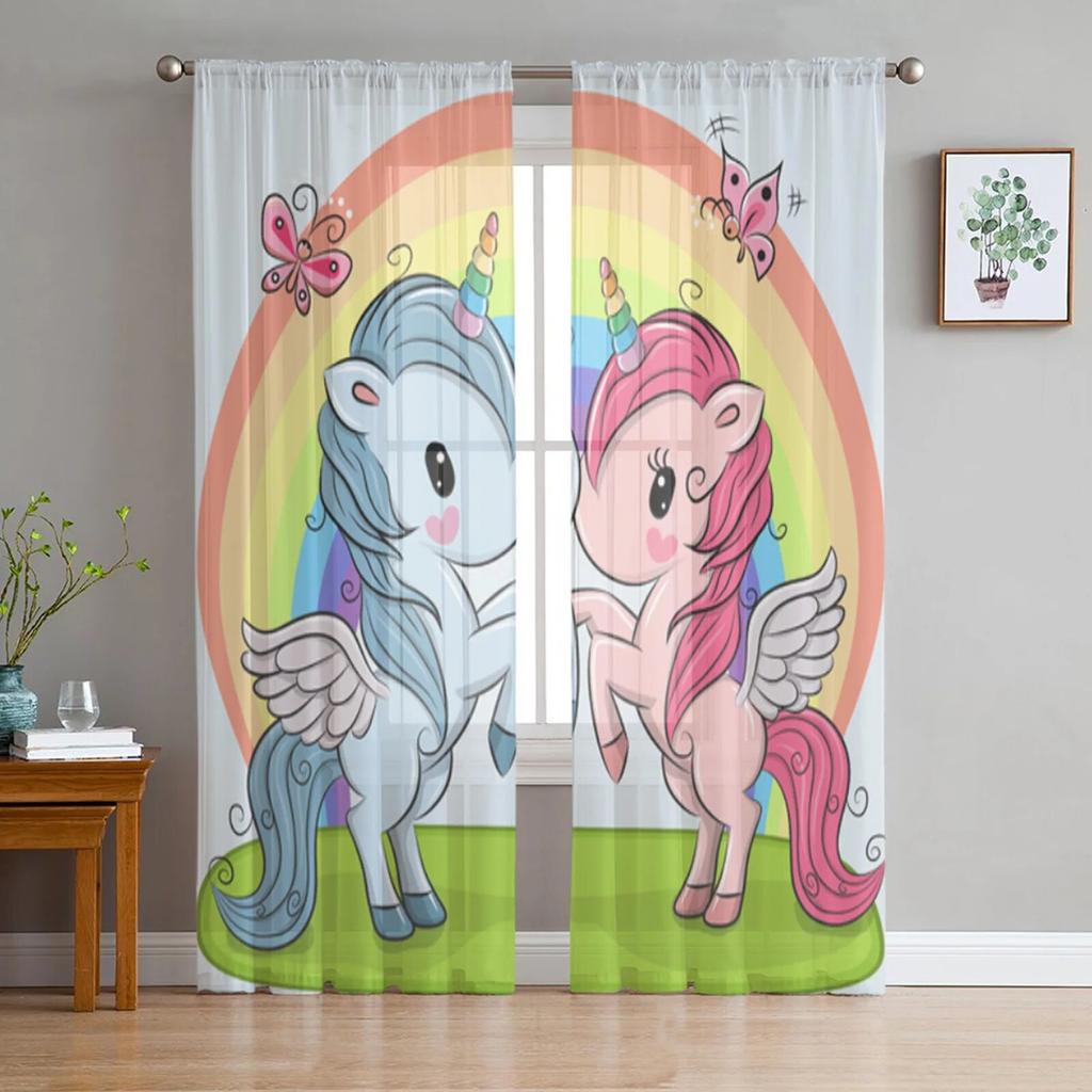Animal Cartoon Unicorn Sheer Curtains for Living Room Bedroom Tulle Curtains Kitchen Window Treatments Panel Drapes