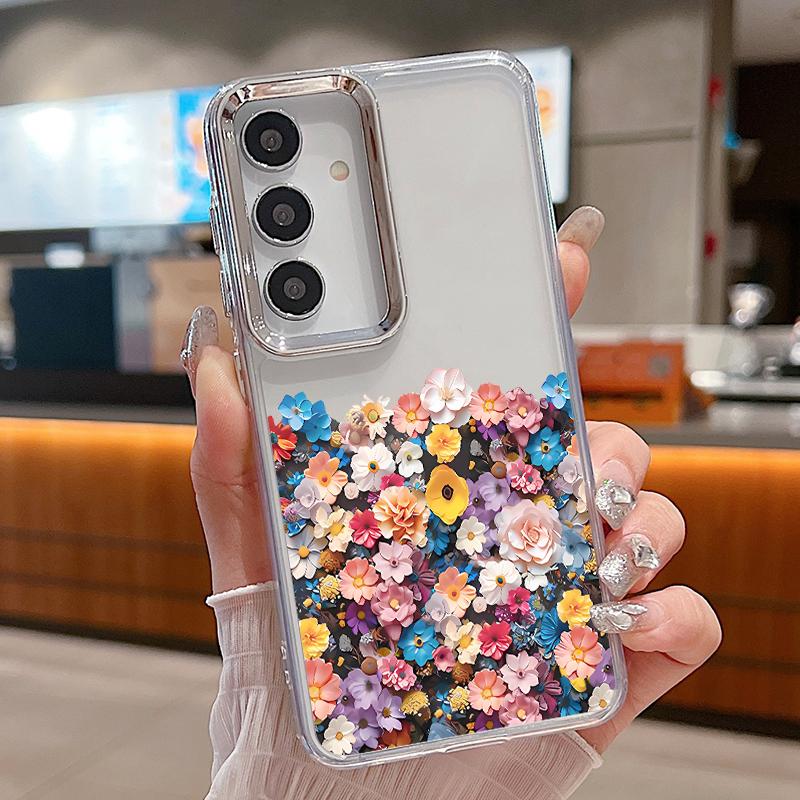Colorful Flowers Print Case For Samsung S26 S25 Ultra S24 FE S23 Plus S22 S21 A15 A16 A17 A35 A36 A37 A54 A55 A56 A57 5G Plating Lens Soft Cover