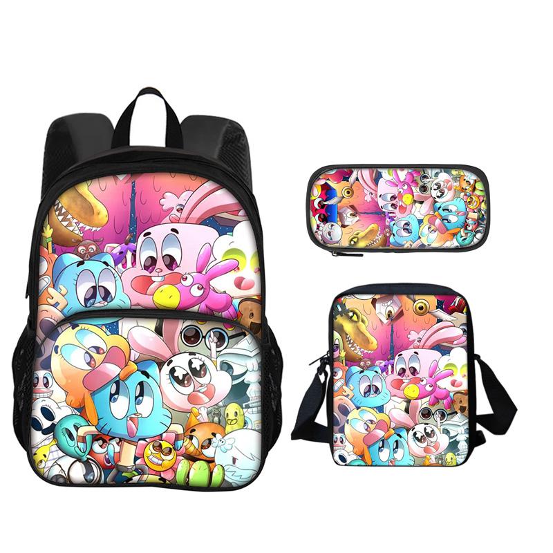 The Amazing World of Gumball Round Front Bag Backpack Pen Bag Shoulder Bag 3Pcs Set Cartoon Anime Printed Student Boys and Girls