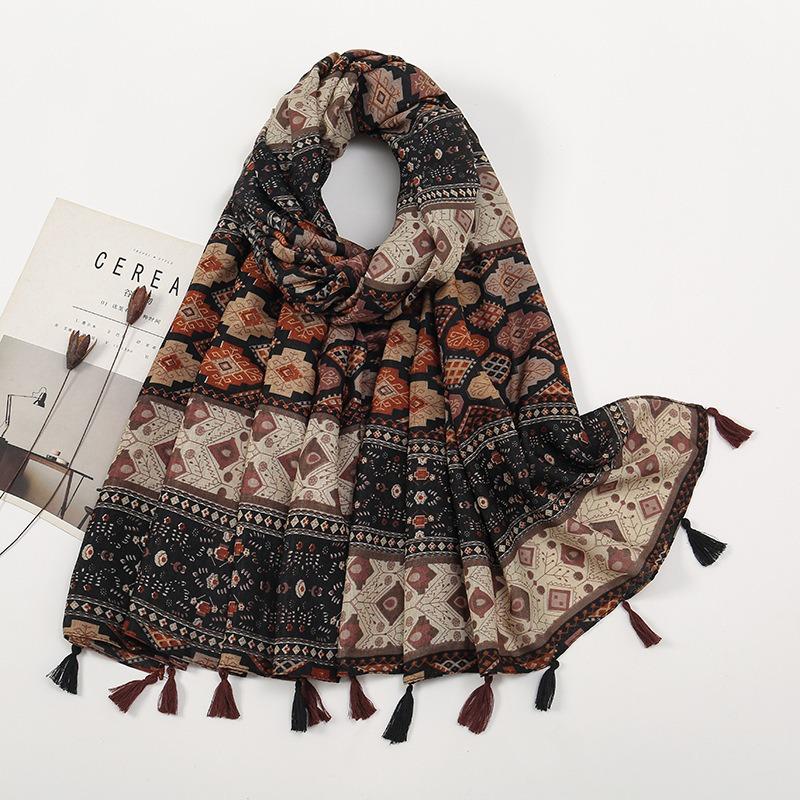 Spring and Autumn New Bali Yarn Tassel Retro Printed Geometric Scarf Versatile Fashion Travel Sunscreen Shawl Silk Scarf Women