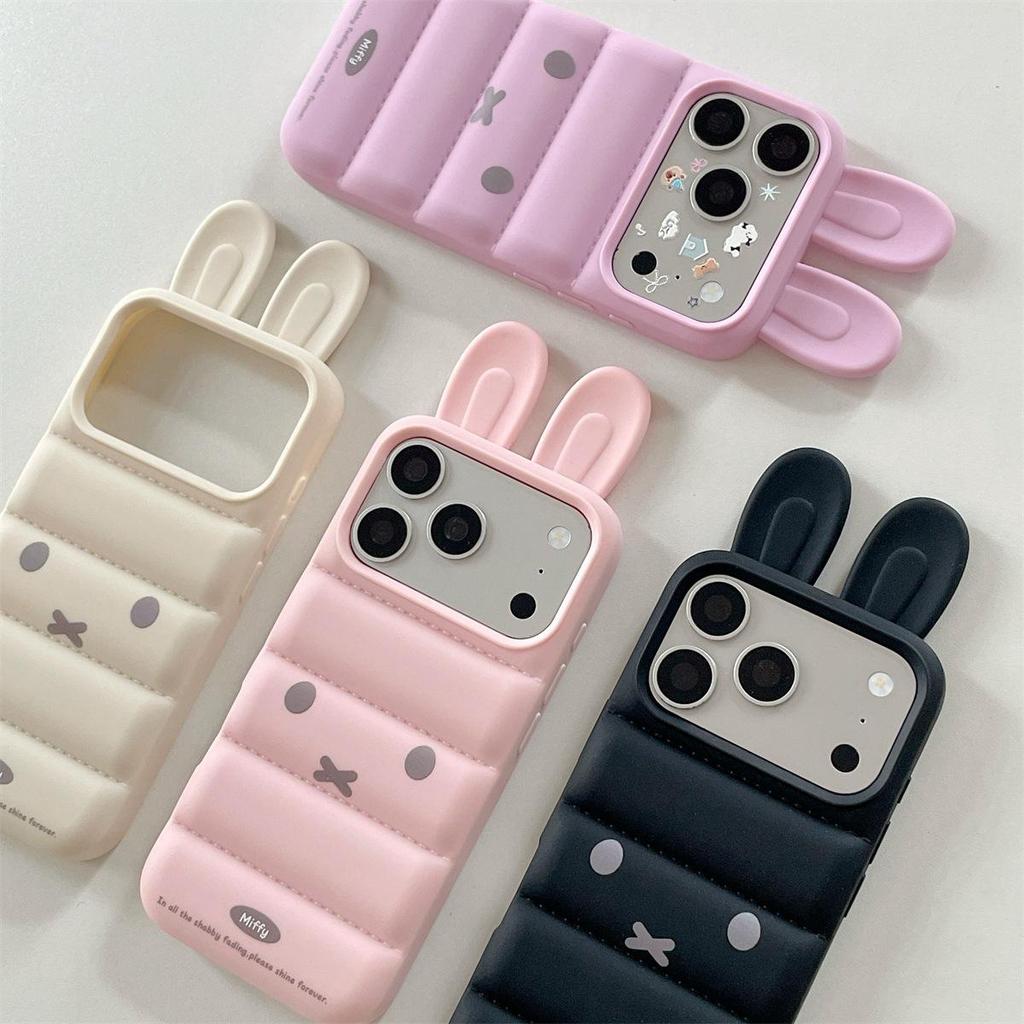 Down Feather 3D Ears Rabbit iPhone 15/16/17 Pro Max Anti-Drop Case