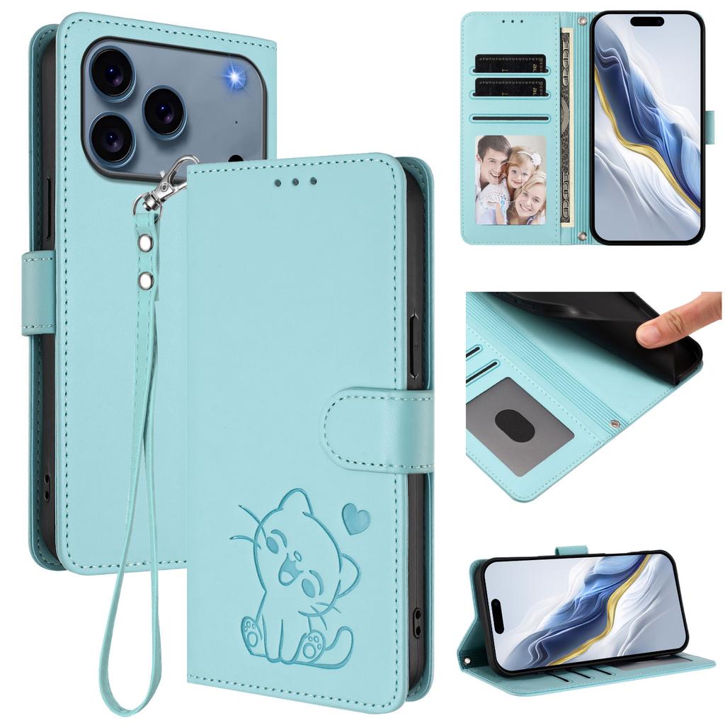 Embossed Cute Cat Cards Solt Wallet Leather Case For iPhone 17 Pro Max 16 Plus 16E 15 14 13 12 11 Bag Stand Strap Book Cover