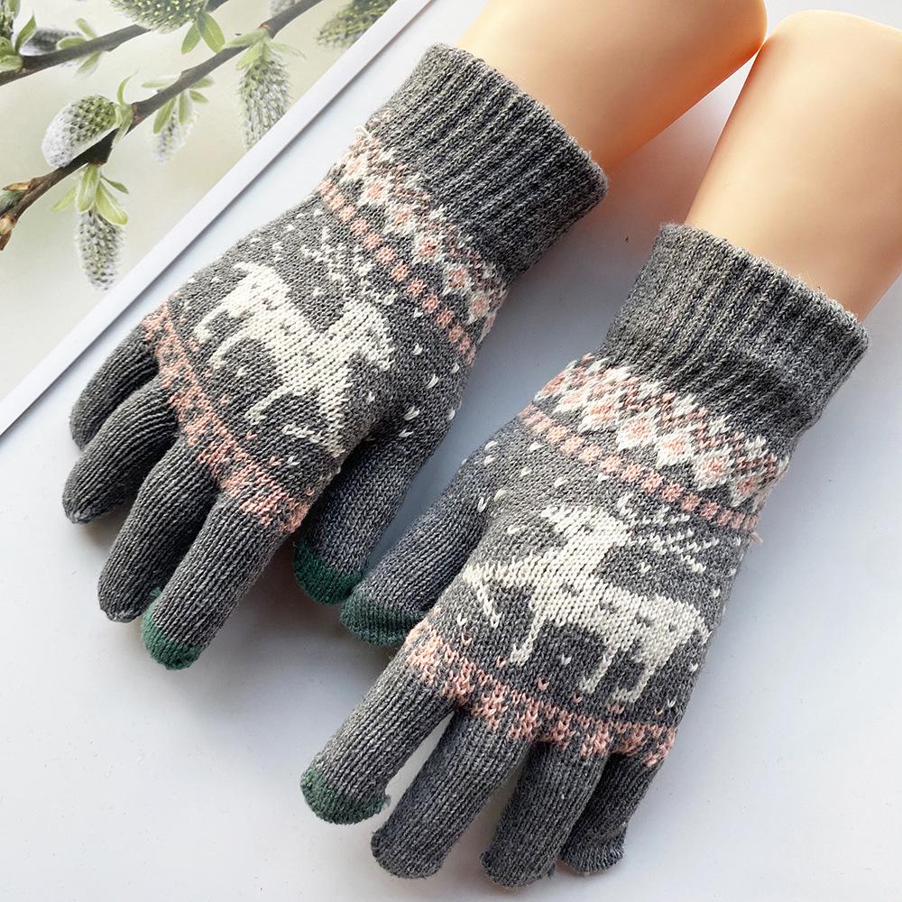 Women's Winter Touchscreen Gloves - Fleece-Lined Wool, Cartoon Deer Design, Warm Cycling Accessory