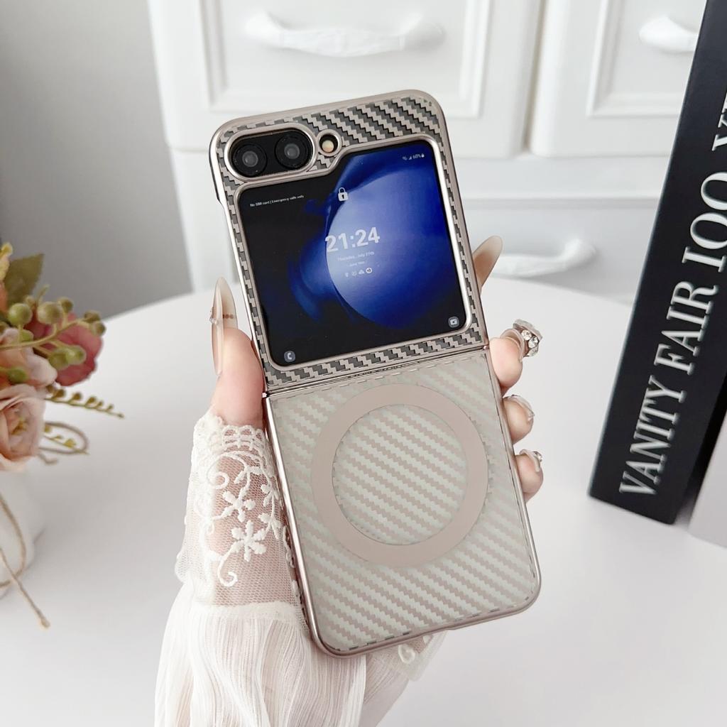 Compatible with Samsung ZFLIP7 Carbon Fiber Magnetic Phone Case: ZFLIP5/4/3 Foldable Screens with Electroplated Stripe Protective Case