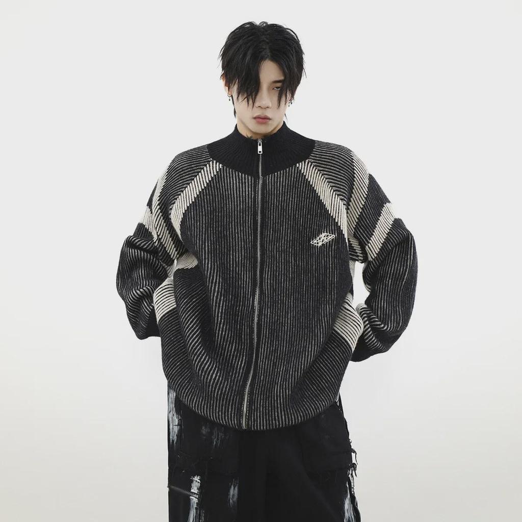 American Retro Striped Turtleneck Sweater Cardigan for Men - Contrast Color, Knitted Design, and Perfect for Couples.