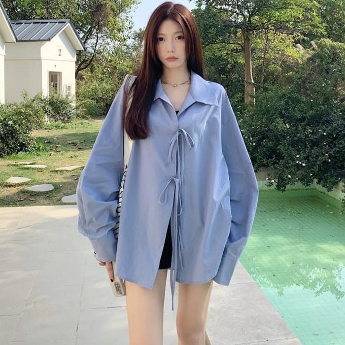 Damen Bluse Frühling Herbst einfarbig Polokragen Schleife Schnürung Langarm Arbeitskleidung Bürodame Casual übergroße Strickjacke Shirts