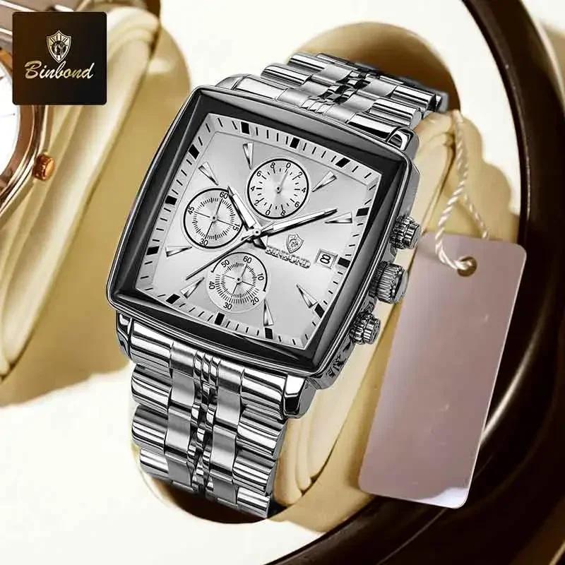 BINBOND Luxury Square Man Business Wristwatch Waterproof Luminous Chronograph Quartz Men Watches Stainless Steel Men Watch Reloj