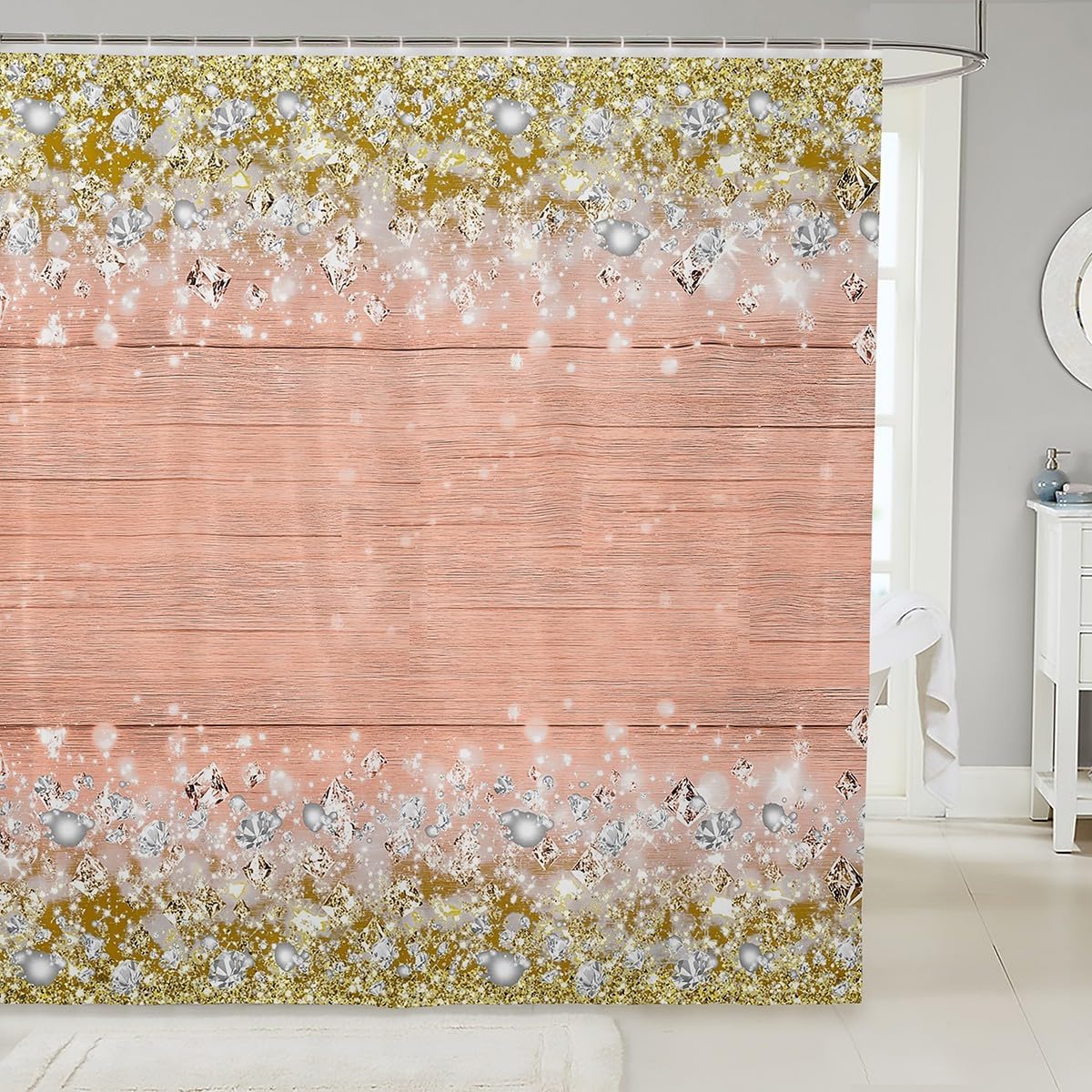 

Gold Glitter Wood Shower Curtain Pink Background Crystal Design Luxury Bath Decor Waterproof Fabric Glamour Theme Home 180X200 W60H190(CM)-1 Pcs