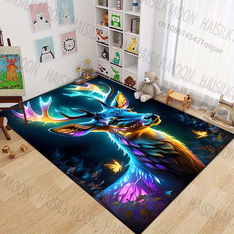 Dreamlike Glowing Deer with Butterflies Carpet for Living Room Bedroom Bedside Floor Mat Cloakroom Children Play Mat Area Rug