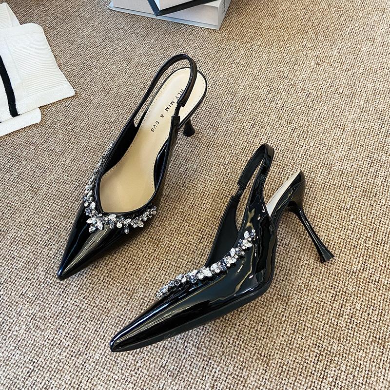 

G860-12 pointed head spring and summer 2025 new sandals Korean version rhinestone bag head rear empty thin heel temperament single shoe 39