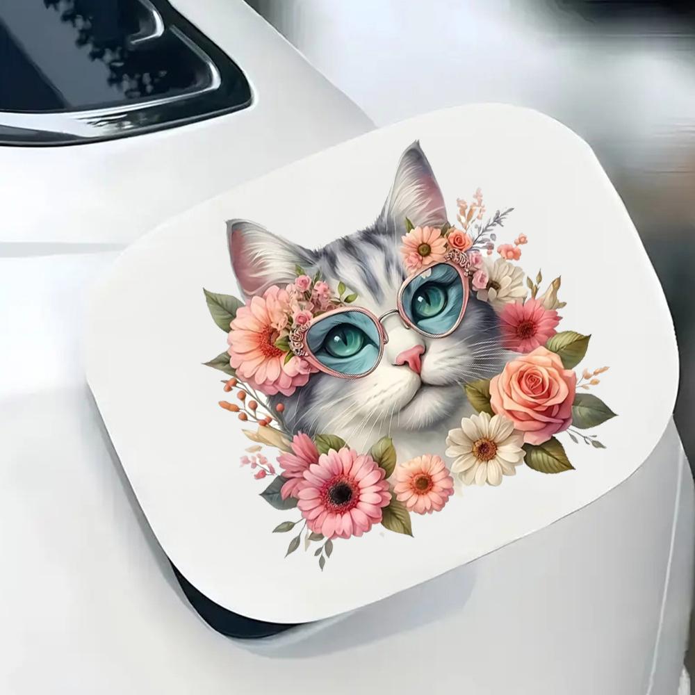 QT2013#15cm Adorable Cat and Floral Waterproof Car Decorative Decal, Suitable for Cars, Laptops, Bumpers, Glass Window Sticker
