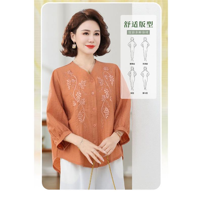 Elegant Blue Grape Embroidery Blouse Women's Half Sleeve V-neck Casual Shirt for Middle-Aged