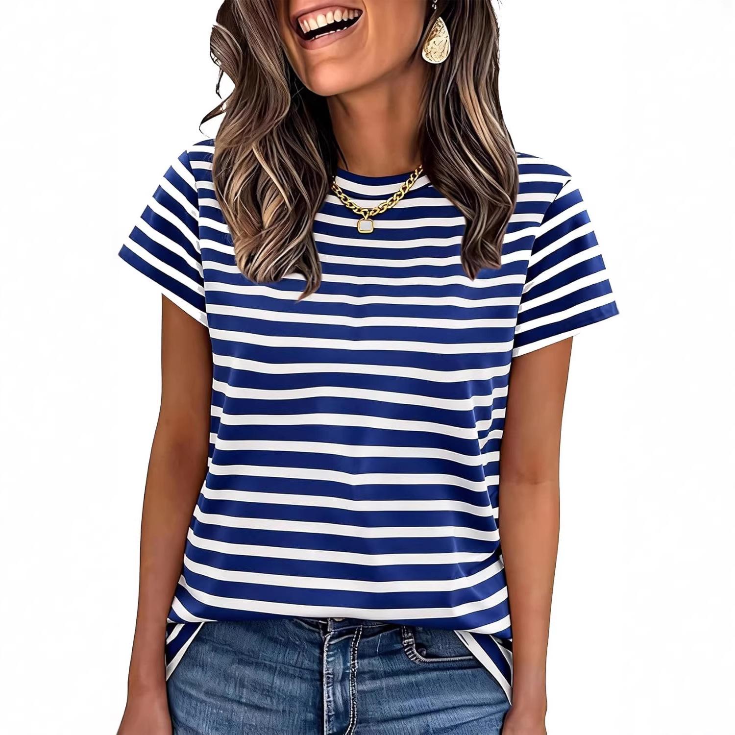 

Women s Summer Casual Striped Short Sleeve T-Shirt Crew Neck Regular Fit Basic Daily Wear Fashion Top L синій