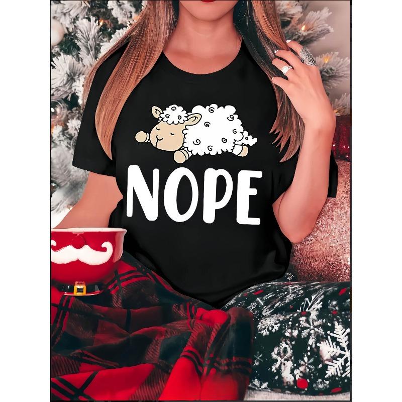

European Size Women s Sheep Print Casual T-Shirt - Soft Stretch Round Neck Short Sleeve Blouse Sheepwear Top, Machine Washable Summer 4XL