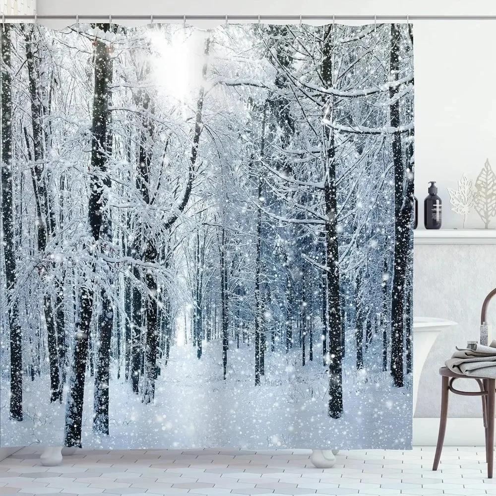 Winter Forest Shower Curtains Snow-Covered Pine Alpine Peaks Idyllic Early Morning Scenery Seasonal Christmas Elk Bathroom Decor