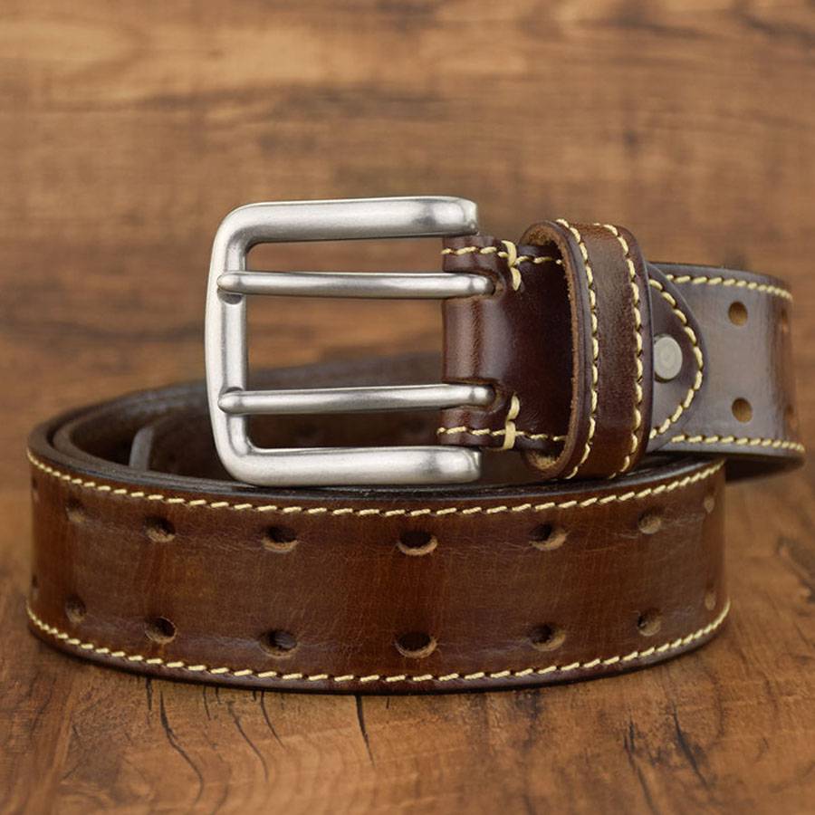 

Men s Leather Double Prong Belt New Leather Belts for Men Classic Double Row Hole Belt Universal Hollowed Out Belt Jeans 120cm