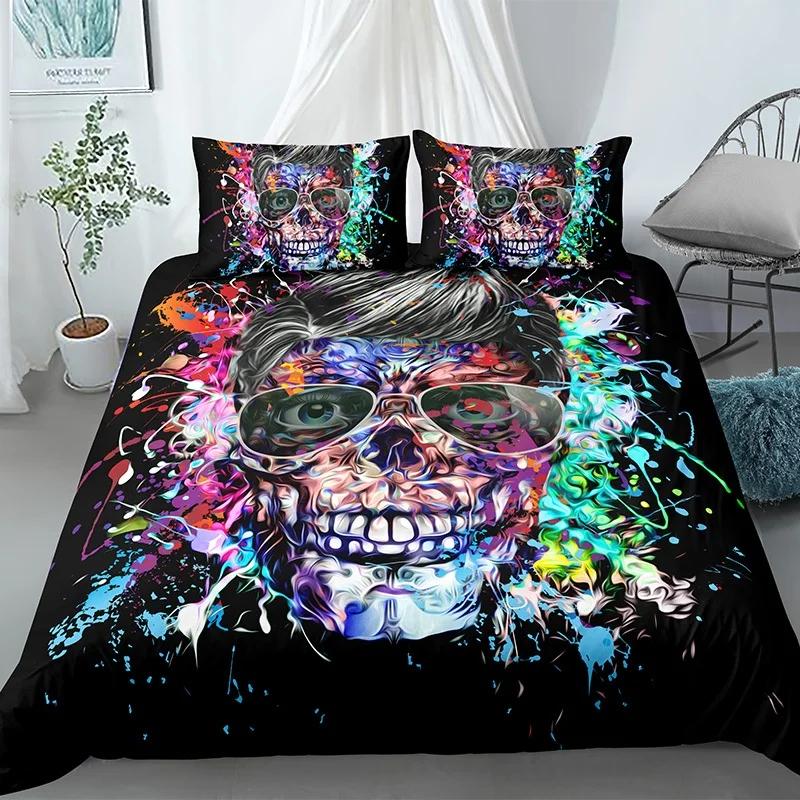 Skull Duvet Cover King Halloween Comforter CoverGothic Fog Smoke Skull Skeleton Bedding SetGrey Quilt Cover Room Decor 2/3pcs