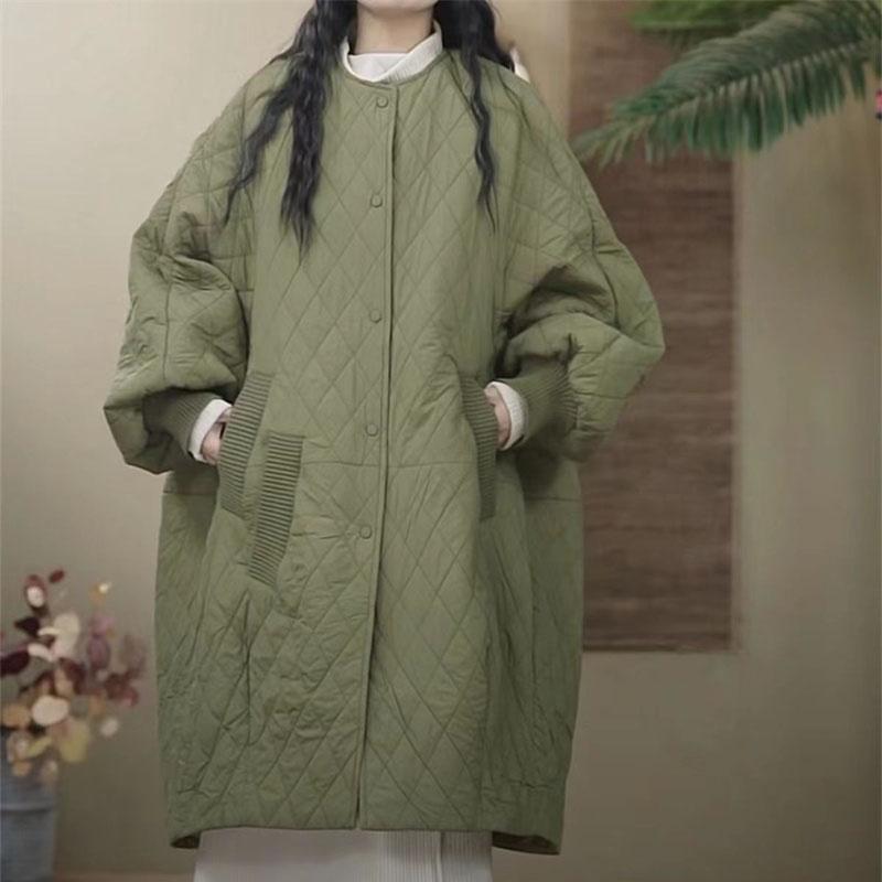 Autumn and Winter Diamond Plaid Down Cotton Jacket Women's Coat Long Lightweight Cotton Jacket Winter Parka Coat Female