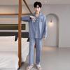 Men's Cotton Pajama Set - Long Sleeve & Pants, Casual Loose Fit, Plus Size Cardigan for Autumn.