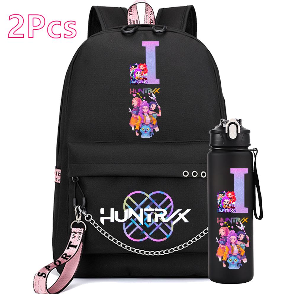 2 st/set Anime Engelsk Bokstav A-Z Tryckt Ryggsäck 750ml Vattenflaska för Student Flicka Pojke Bokväska Resväska Barnpresent